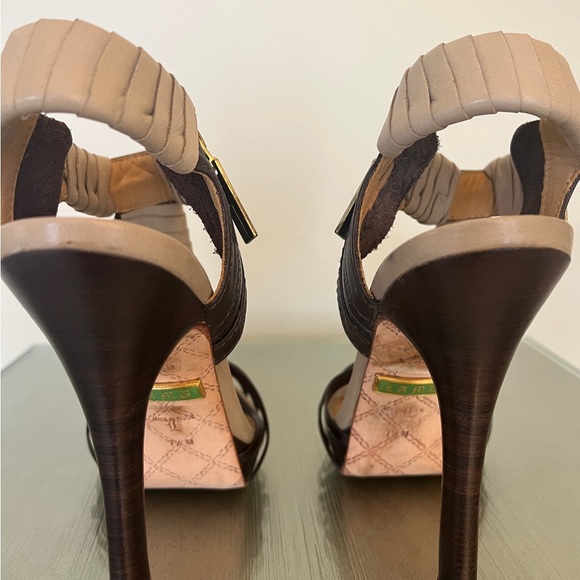 L.A.M.B. Leather Stiletto Heels T-Strap Ankle Zip Brown & Taupe size 7.5 - Picture 2 of 12
